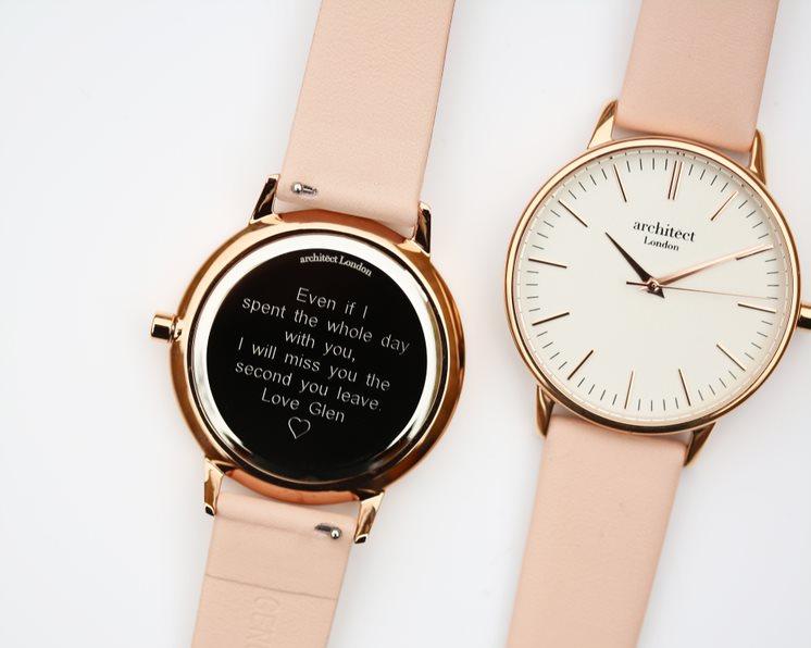 Ladies Blanc with Pink Strap- Modern Font Watch engraved with your message by WeddingCharmGifts