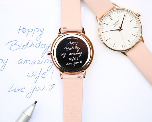 Ladies Blanc with Pink Strap- Own Handwriting Watch engraved with your message by WeddingCharmGifts