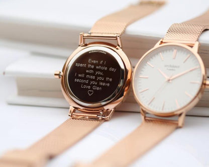 Ladies Blanc with Rose Gold Mesh- Modern Font Watch engraved with your message by WeddingCharmGifts