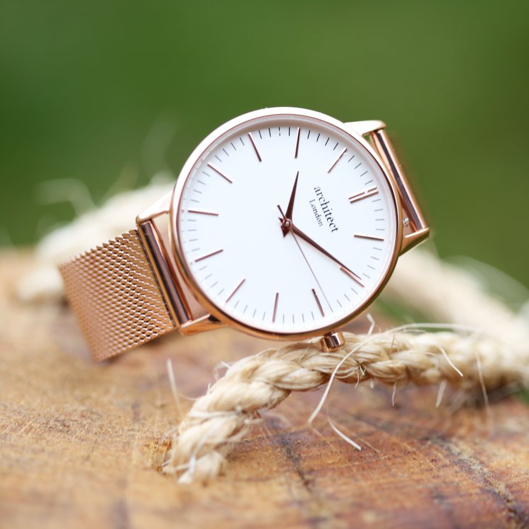 Ladies Blanc with Rose Gold Mesh- Modern Font Watch engraved with your message by WeddingCharmGifts