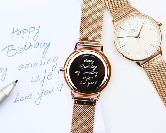 Ladies Blanc with Rose Gold Strap- Own Handwriting Watch engraved with your message by WeddingCharmGifts