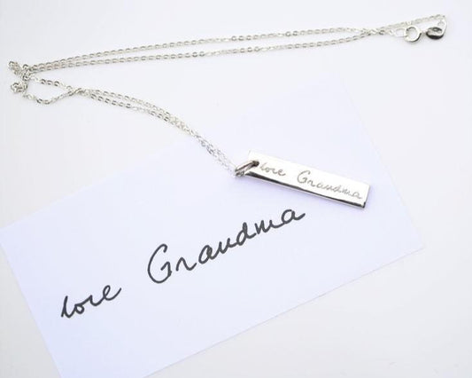 Sterling Silver Pendant Bar Necklace- Own Handwriting Necklace engraved with your message by Wedding Charm Gifts