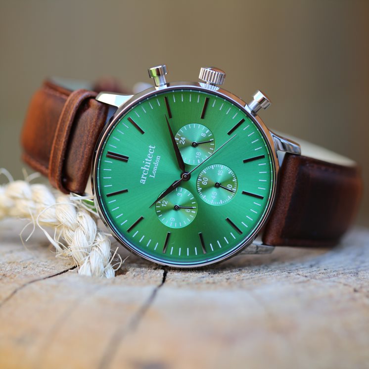 Men's Motivator Green Face with Walnut Strap- Modern Font Watch engraved with your message by WeddingCharmGifts