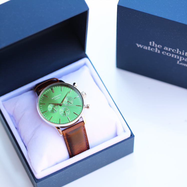 Men's Motivator Green Face with Walnut Strap- Modern Font Watch engraved with your message by WeddingCharmGifts