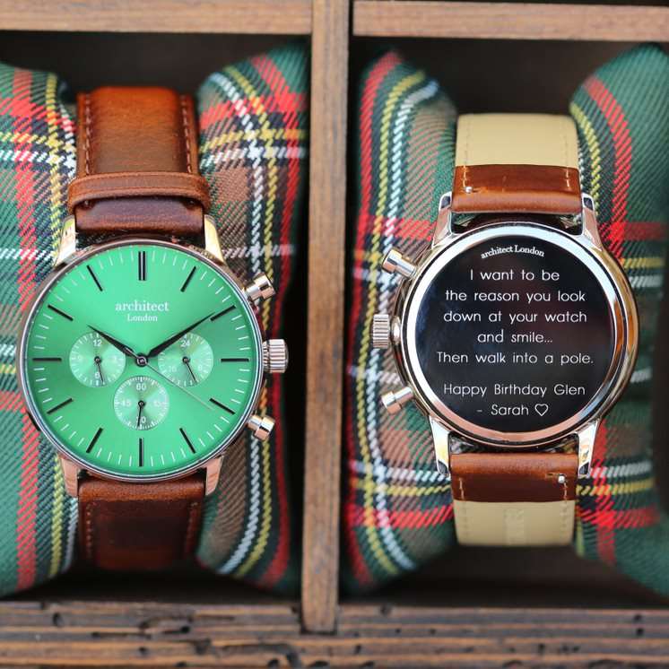 Men's Motivator Green Face with Walnut Strap- Modern Font Watch engraved with your message by WeddingCharmGifts