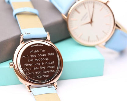 Ladies Blanc with Light Blue Strap- Modern Font Watch engraved with your message by WeddingCharmGifts