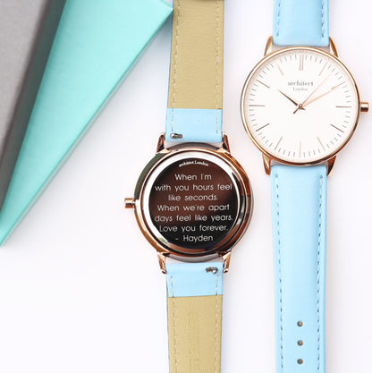 Ladies Blanc with Light Blue Strap- Modern Font Watch engraved with your message by WeddingCharmGifts