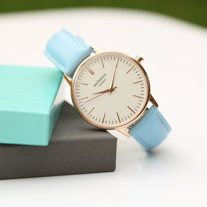 Ladies Blanc with Light Blue Strap- Modern Font Watch engraved with your message by WeddingCharmGifts