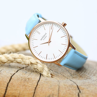 Ladies Blanc with Light Blue Strap- Own Handwriting Watch engraved with your message by WeddingCharmGifts