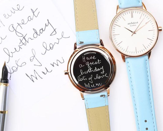 Ladies Blanc with Light Blue Strap- Own Handwriting Watch engraved with your message by WeddingCharmGifts