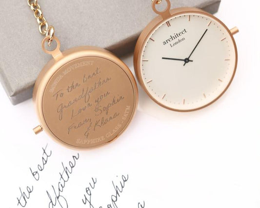 Modern Pocket Watch in Rose Gold- Own Handwriting Pocket Watch engraved with your message by WeddingCharmGifts