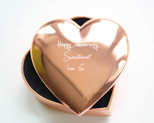 Rose Gold Heart Keepsake Ring Holder with Own Handwriting ring box engraved with your message by Wedding Charm Gifts