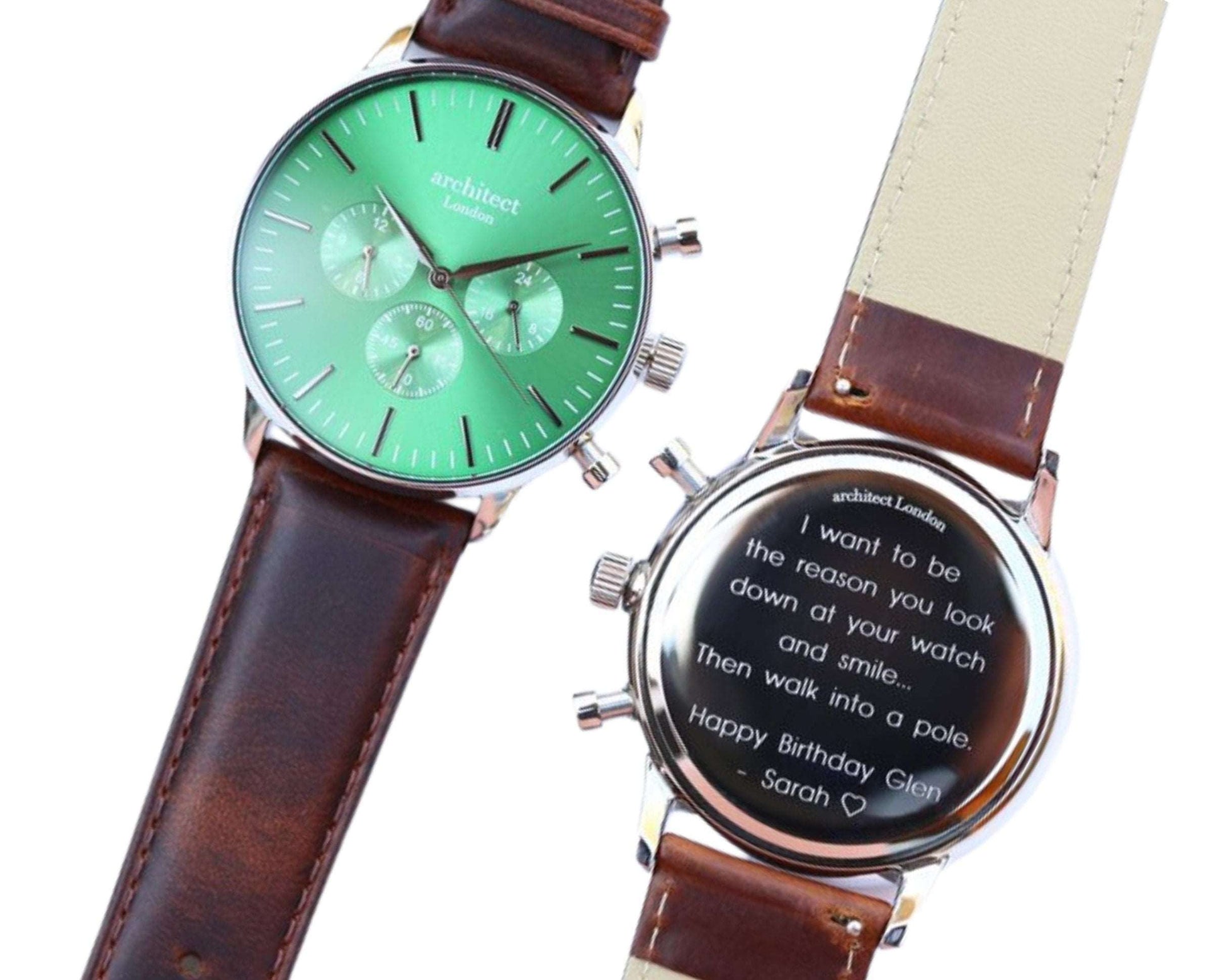 Men's Motivator Green Face with Walnut Strap- Modern Font Watch engraved with your message by WeddingCharmGifts