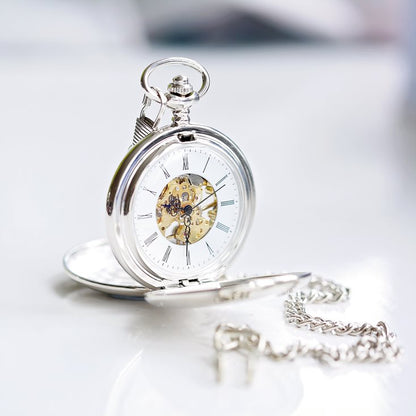 Engraved Dual-Opening Pocket Watch with Chain - Own Handwriting Engraving Pocket Watch engraved with your message by wedding charm gifts