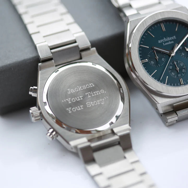 Men's Apollo with Orbix Blue Face - Modern Font Watch engraved with your message by WeddingCharmGifts