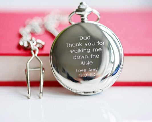 Engraved Dual-Opening Pocket Watch with Chain - Modern Font Engraving Pocket Watch engraved with your message by wedding charm gifts