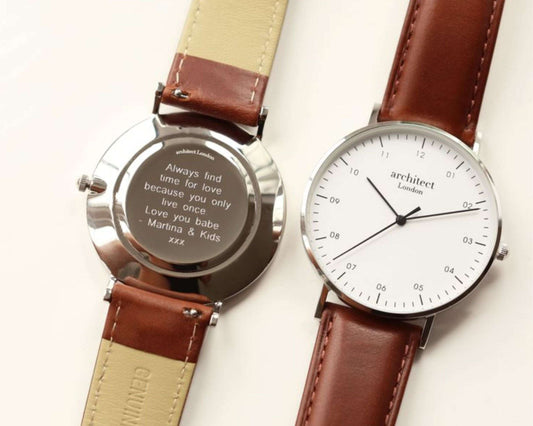 Men's Architect Zephyr with Walnut Leather Strap- Modern Font Watch engraved with your message by WeddingCharmGifts