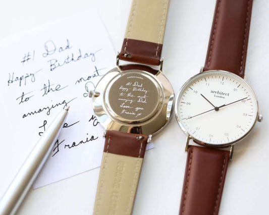 Men's Architect Zephyr with Walnut Leather Strap- Own Handwriting Watch engraved with your message by WeddingCharmGifts