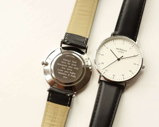 Men's Architect Zephyr with Black Leather Strap- Modern Font Watch engraved with your message by WeddingCharmGifts