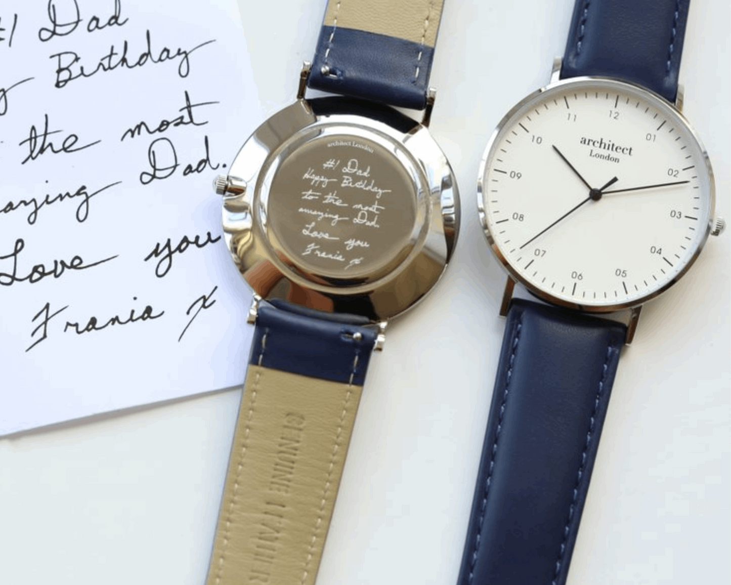 Men's Architect Zephyr with Admiral Blue Leather Strap- Own Handwriting Watch engraved with your message by WeddingCharmGifts