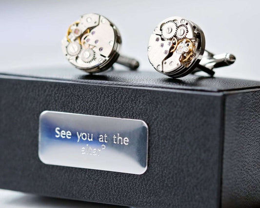 Gear Movement Cufflinks with Engraved Box Cufflinks engraved with your message by Wedding Charm Gifts