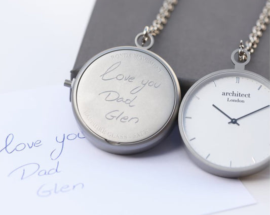 Modern Pocket Watch in Silver- Own Handwriting Pocket Watch engraved with your message by WeddingCharmGifts